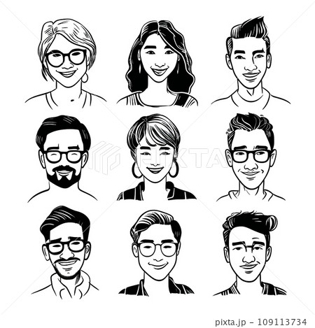 人物　色々な人の顔　ペン画セット　Generative AI 109113734