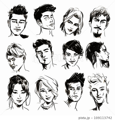 人物 色々な人の顔 ペン画セット Generative AIのイラスト素材
