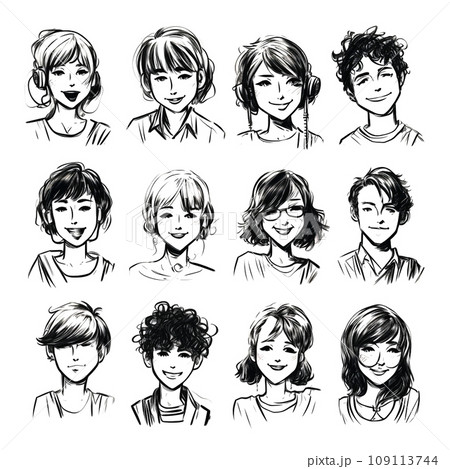 人物 色々な人の顔 ペン画セット Generative AIのイラスト素材