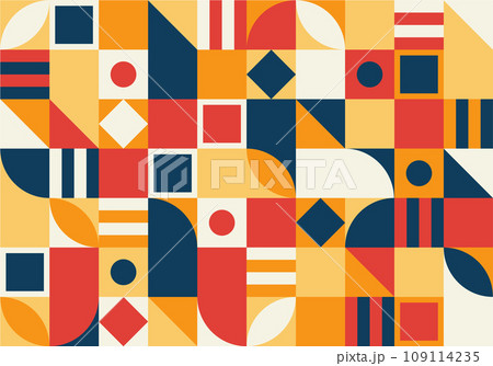 Geometric mosaic, Bauhaus pattern. Modern geometry figure, shape. Bauhaus. Geometric mosaic. Minimal mural texture. Scandinavian. Geometric mosaic print. retro wallpaper. Vector illustration 109114235