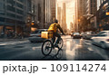 Back view of unrecognizable delivery man with backpack and courier riding bicycle on street between city buildings during sunset 109114274