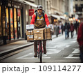 Focused young male delivery man in protective helmet riding bicycle with cardboard boxes on street in city 109114277