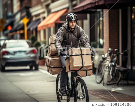 Focused young male delivery man in protective helmet riding bicycle with cardboard boxes on street in city 109114280