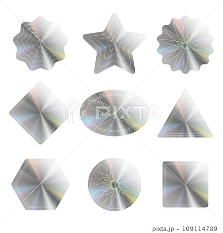 Hologram label icon set. Product certification symbol. Realistic shapes for award design, sticker label design. Original official guarantee design. Vector illustration Hologram label icon set. Product certification symbol. Realistic shapes for award design, sticker label design. Original official guarantee design. Vector illustration 109114789