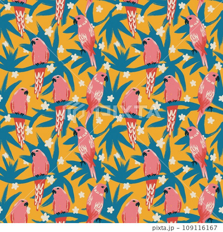 Hand drawn seamless pattern with red pink parrot blue leaves on yellow background. Tropical jungle forest bird animal, colorful bright summer exotic design, hawaii flora fashion, modern print. 109116167