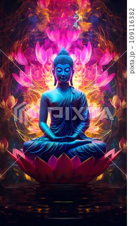 Buddha Sitting in the Lotus Position on the Background of the Mandala 109116382