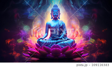 Buddha Sitting in the Lotus Position on the Background of the Mandala Buddha Sitting in the Lotus Position on the Background of the Mandala 109116383