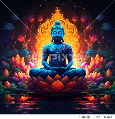 Buddha Sitting in the Lotus Position on the Background of the Mandala 109116384
