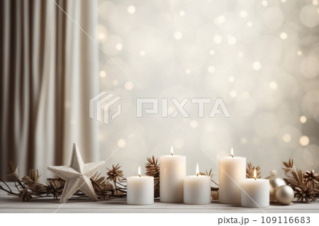 Scandinavian Christmas decor, featuring simple, elegant decorations like white candles, pine branches, and wooden stars on a clean, light background. The overall feel is minimalist and serene. Scandinavian Christmas decor, featuring simple, elegant decorations like white candles, pine branches, and wooden stars on a clean, light background. The overall feel is minimalist and serene. 109116683