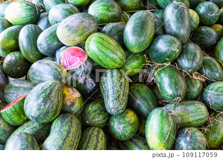 Many watermelons on the vietnamese market in Nha Trang 109117059