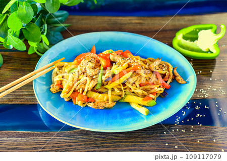 Udon with chicken and vegetables in soy sauce on table. For asian food menu Udon with chicken and vegetables in soy sauce on table. For asian food menu 109117079