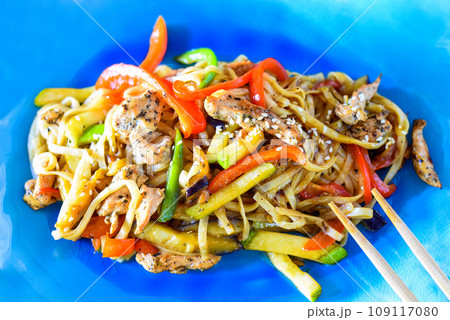 Udon with chicken and vegetables in soy sauce on table. For asian food menu Udon with chicken and vegetables in soy sauce on table. For asian food menu 109117080