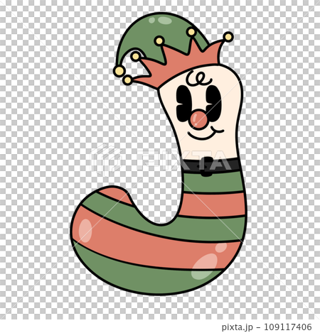Letter J cute 60s 70s groovy retro vintage smiley elf cartoon font winter alphabet merry christmas xmas festive clipart 109117406