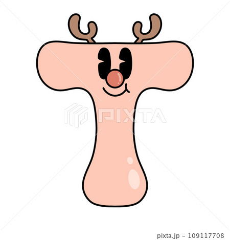 Letter T cute 60s 70s groovy retro vintage smiley reindeer cartoon font winter alphabet merry christmas pink xmas festive sublimation clipart 109117708