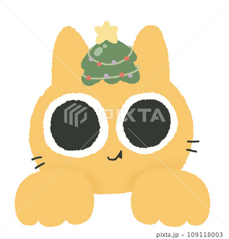 yellow cat with christmas tree peeking out from behind a white blank banner christmas xmas holiday ornaments decoration Cute Adorable Hand drawn little kitten 109118003