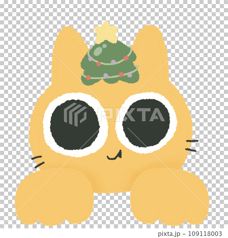 yellow cat with christmas tree peeking out from behind a white blank banner christmas xmas holiday ornaments decoration Cute Adorable Hand drawn little kitten 109118003