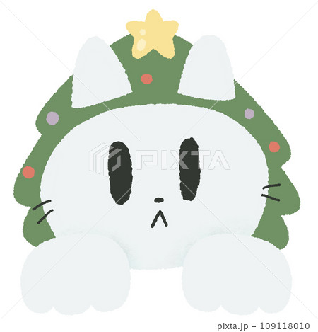white cat with christmas tree peeking out from behind a white blank banner christmas xmas holiday ornaments decoration Cute Adorable Hand drawn little kitten 109118010