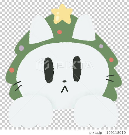 white cat with christmas tree peeking out from behind a white blank banner christmas xmas holiday ornaments decoration Cute Adorable Hand drawn little kitten 109118010