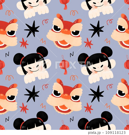 Year of Dragon Seamless pattern with happy smile girl cute kid and lion dance watercolor cartoon for Chinese New Year,Happy New Year,Lunar New Year Festival 109118123