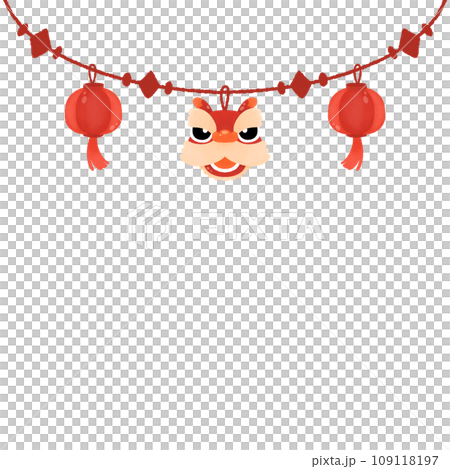 Year of Dragon head baby lion dance and lantern cute watercolor Hanging Element doodle Border frame for Chinese New Year,Happy New Year,Lunar New Year Festival 109118197