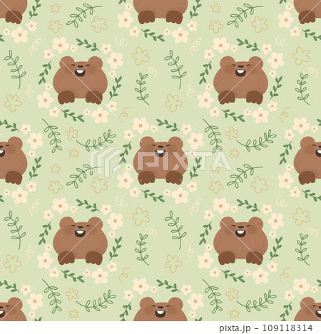 Seamless pattern with cute cartoon animal marmot and flower doodle Watercolor for Happy Groundhog Day2 February printable postcard print greetings card banner poster 109118314