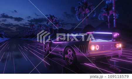 3d render Car and background neon retro wave 80s style 109118579