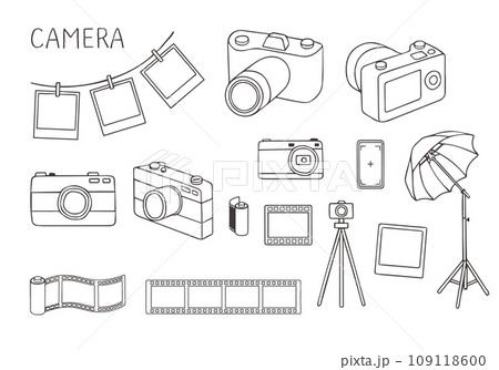 カメラやフィルムの手描き風イラストセット（モノクロ） 109118600