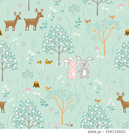 Cute bunny on spring forest seamless pattern,springtime with cute animals on pastel background Cute bunny on spring forest seamless pattern,springtime with cute animals on pastel background 109118602