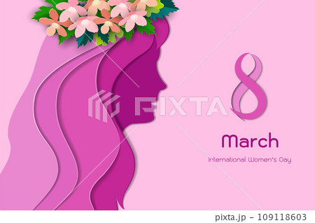 International Women's Day or Mother's Day concept with beautiful flowers and female face on paper art style 109118603