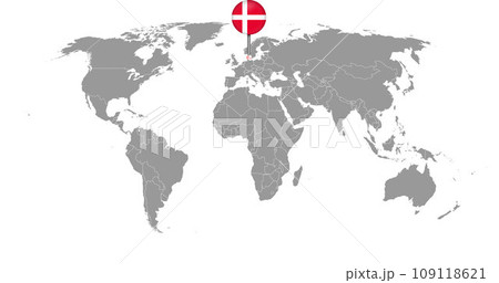Pin map with Denmark flag on world map. Vector illustration. 109118621