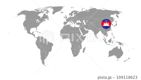 Pin map with Cambodia flag on world map. Vector illustration. Pin map with Cambodia flag on world map. Vector illustration. 109118623