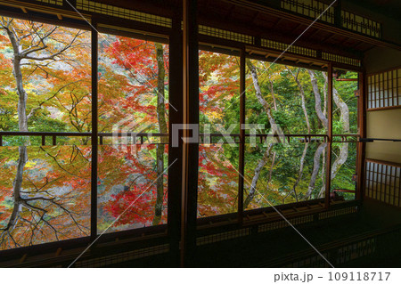 秋の京都嵐山 嵐山祐斎亭の紅葉のリフレクション 秋の京都嵐山 嵐山祐斎亭の紅葉のリフレクション 109118717