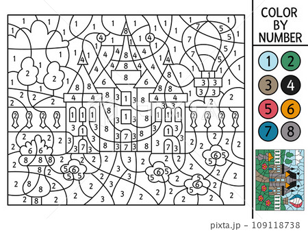 Vector France themed color by number activity with castle in the park. French landscape scene. Black and white counting game with ancient building. Coloring page for kids with garden Vector France themed color by number activity with castle in the park. French landscape scene. Black and white counting game with ancient building. Coloring page for kids with garden 109118738