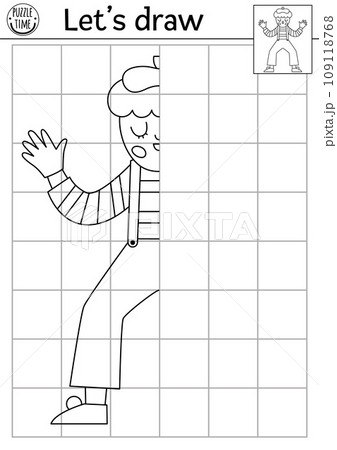 Complete the mime. Vector France themed symmetrical drawing practice worksheet. Printable black and white activity for kids. Copy the picture French coloring page with cute character 109118768