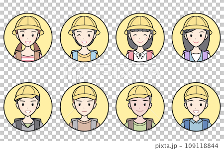 戴著校帽和書包的小學男孩和女孩圓形圖示設定為黃色 109118844