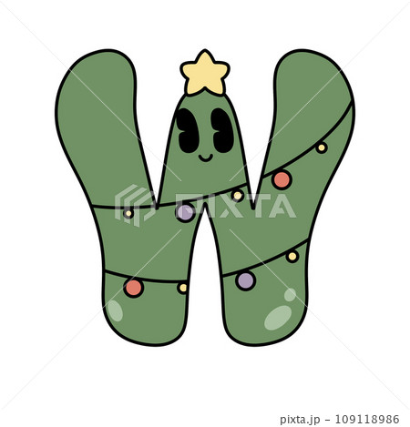Letter W cute 60s 70s groovy retro vintage smiley green tree cartoon font winter alphabet merry christmas xmas festive sublimation clipart 109118986