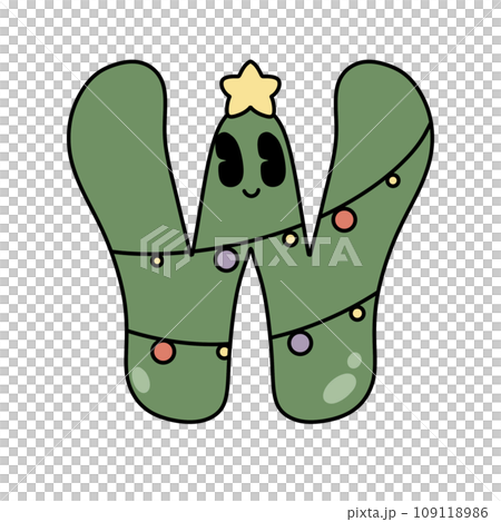 Letter W cute 60s 70s groovy retro vintage smiley green tree cartoon font winter alphabet merry christmas xmas festive sublimation clipart 109118986