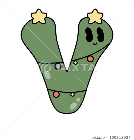 Letter V cute 60s 70s groovy retro vintage smiley green tree cartoon font winter alphabet merry christmas xmas festive sublimation clipart 109118987