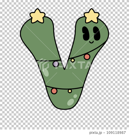 Letter V cute 60s 70s groovy retro vintage smiley green tree cartoon font winter alphabet merry christmas xmas festive sublimation clipart 109118987