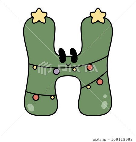 Letter H cute 60s 70s groovy retro vintage smiley green tree cartoon font winter alphabet merry christmas xmas festive sublimation clipart 109118998