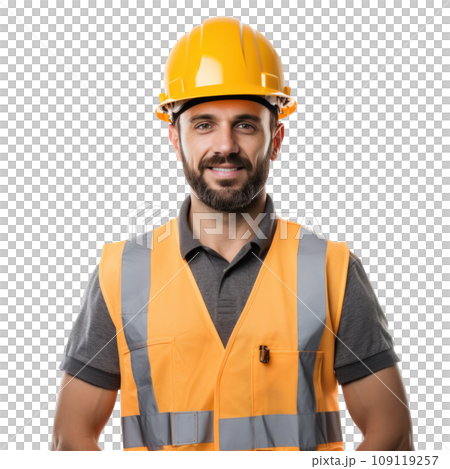 Attractive working man in construction helmet isolated. Attractive working man in construction helmet isolated. 109119257