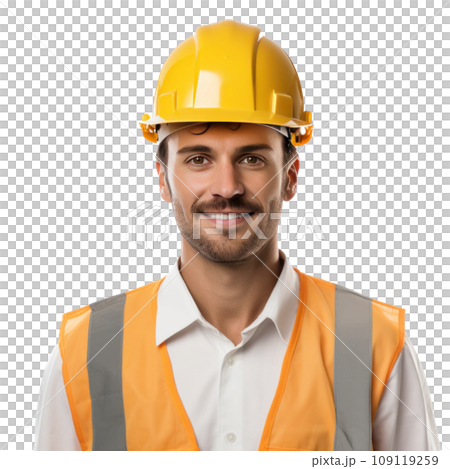 Attractive working man in construction helmet isolated. 109119259