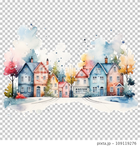 cute watercolor little town isolated 109119276