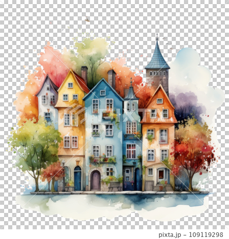 cute watercolor little town isolated 109119298