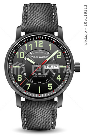 Realistic watch clock dark grey steel face black arrow number with fabric strap on white design classic luxury vector Realistic watch clock dark grey steel face black arrow number with fabric strap on white design classic luxury vector 109119313