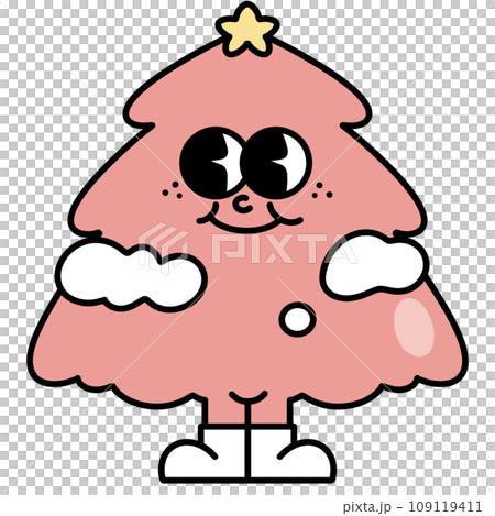 Pink Christmas tree ornament retro cartoon doodle style. Cute Groovy hippie 70s aesthetic for Merry Christmas and Happy New year greeting card, poster, party invitation. Pink Christmas tree ornament retro cartoon doodle style. Cute Groovy hippie 70s aesthetic for Merry Christmas and Happy New year greeting card, poster, party invitation. 109119411