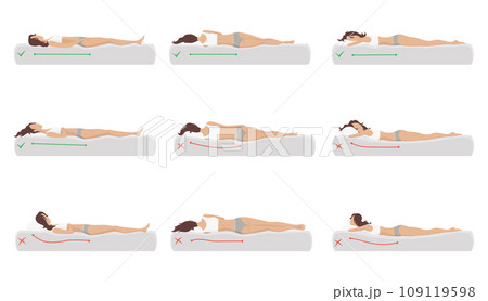 Correct and incorrect sleeping body posture. Healthy sleeping position spine in various mattresses and pillow. Caring for health of back, neck. Comparative vector illustration 109119598