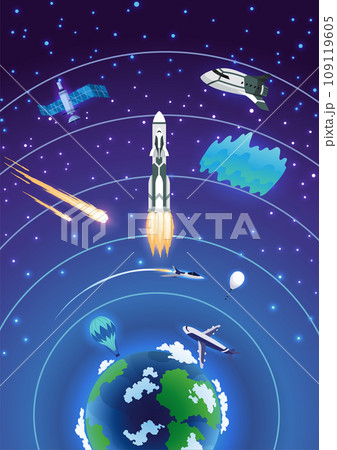 Earth atmosphere layers. Colorful infographic poster with meteors, radiosonde, satellite and spaceship. Vector illustration, starry sky background Earth atmosphere layers. Colorful infographic poster with meteors, radiosonde, satellite and spaceship. Vector illustration, starry sky background 109119605
