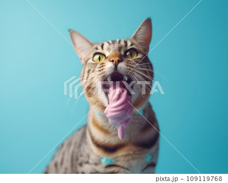Cute funny cat licks ice cream on uniform background 109119768