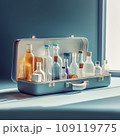 Old glass bottles in vintage suitcase 109119775